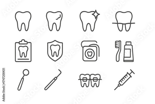 Dental care thin line icons set. Dentistry, oral hygiene, orthodontics pictograms. Tooth, braces, floss, toothbrush, tools. Vector linear illustration for web and apps.