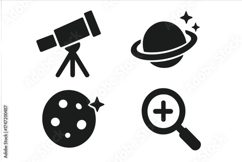 Telescope and astronomy icons set with planet, moon, stars, magnify glass, space exploration symbols, black vector illustration on transparent background for science and cosmos design