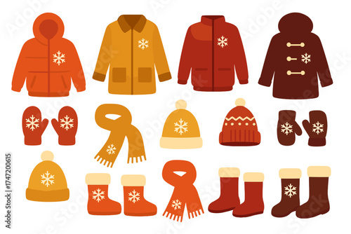 Warm winter clothes vector mega set in flat design. Bundle of coat, jackets with snowflake ornament, mittens, hats and scarves, and boots. Winter wardrobe essentials.