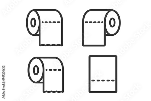 Toilet paper icon set isolated on white background, vector illustration of transparent, ordered rolls and sheets, minimalistic bathroom tissue symbols, hygiene essentials design