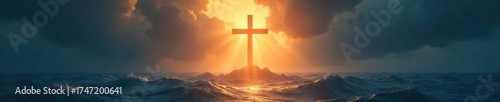 Radiant Cross Rising from Stormy Seas A Symbolic Depiction of Christian Salvation and Hope