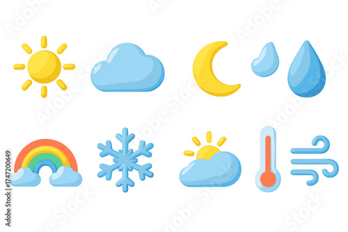 3D weather icon set vector collection. Meteorology forecast graphic elements. Sun, cloud, rain, snow, moon, rainbow, thermometer. Cute cartoon plasticine style for web design.