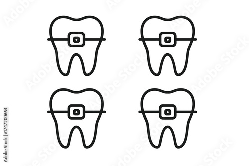 Tooth with brackets braces icon set, dental care concept, orthodontic illustration with transparent background, vector design for dentistry treatment and oral health