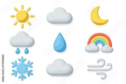Weather 3D icon set. Sun, cloud, rain, snow, rainbow, moon, temperature, wind symbols. Meteorology forecast graphic elements for app, UI, web. Vector cartoon illustration.