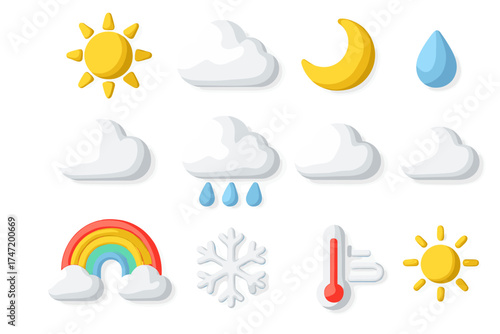 Weather 3D icons set. Cute cartoon plasticine pack. Meteorology forecast symbols. Sun, cloud, rain, snow, rainbow, moon, thermometer for web app ui design. Vector elements.