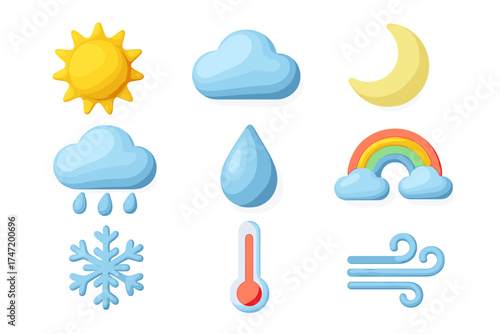 3D weather icons set. Vector pictograms pack of sun, cloud, moon, rain, drop, rainbow, snowflake, cloudy, temperature, wind. Meteorology forecast graphic elements for UI design.