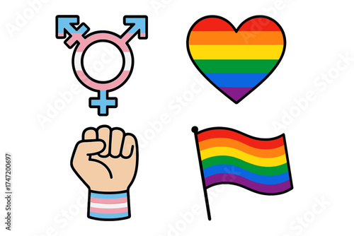 Transgender and LGBT rights symbols vector set, rainbow heart and flag, pride fist with transgender wristband, equality and inclusivity icons, transparent background illustration