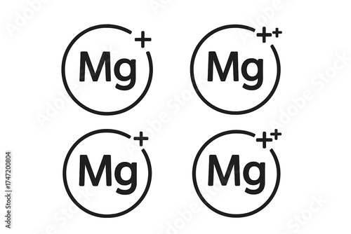 Magnesium ion icon set. Mg chemical element symbol. Mineral and vitamin supplement for health. Chemistry science vector illustration. Cation with positive charge formula.