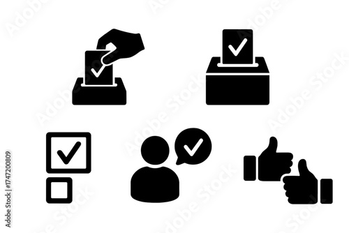 Vote icons set including election ballot, voting box, opinion approval, disapproval like and dislike thumbs up, poll and choice symbols with transparent background vector