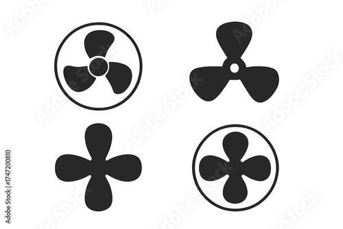 Fan icon set. Electric ventilator and cooler symbol. Propeller silhouette with three and four blades. Air conditioning, climate control, airflow vector graphic. Blower.