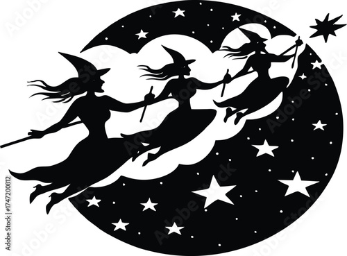 Witches Flying Race Across Night Sky Silhouette