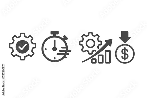 Quality, speed, efficiency, cost management process icon set. Business optimization, productivity growth, project management symbols. Vector banner for financial improvement.