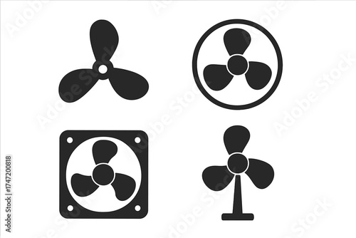 Fan and ventilator vector icon set. Cooler, propeller, and blower symbols. Air circulation, cooling system, and climate control graphic elements. Simple black silhouette design.