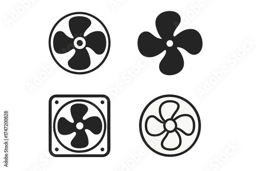 Fan icon set. Vector collection of ventilator and cooler symbols. Propeller blade and air conditioning graphic elements. PC computer cooler and exhaust fan signs isolated.