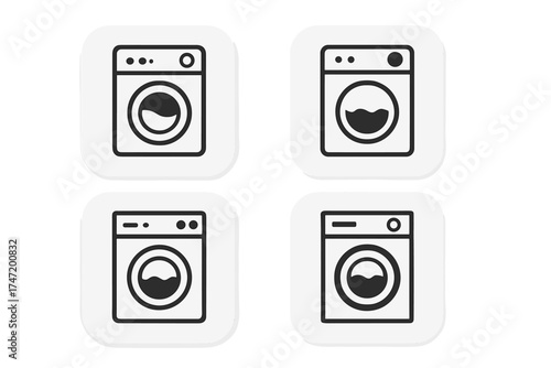 Washing machine icon set on white buttons, front-load washer symbols, vector illustration with transparent background, laundry appliance interface, modern household appliance icons