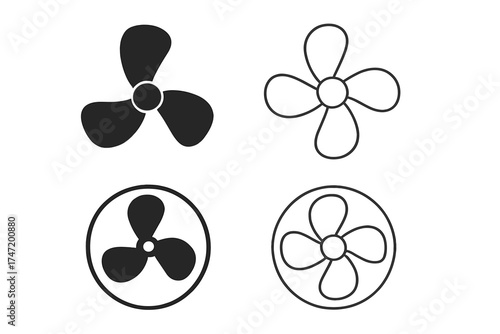 Fan icon set with propeller and ventilator symbols. Cooler and air conditioning graphic elements for climate control. Electric fan blade silhouette and line art vector collection.