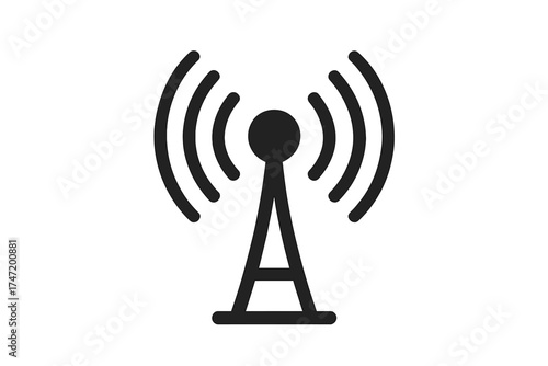 Broadcasting tower with radio waves. Communication antenna icon for signal, transmission and connection. Wireless technology, network, telecom, frequency vector symbol design.
