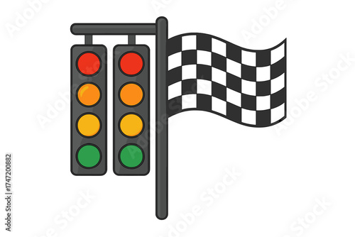 Racing start lights and checkered finish flag. Motorsport competition concept. Race starting grid signal system. Go, ready, set, go traffic light. Vector icon illustration.