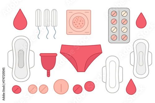 Menstruation period flat icon set. Feminine hygiene products. Woman health. Vector tampons, pads, menstrual cup, panties, pills. Gynecology symbols for critical days.