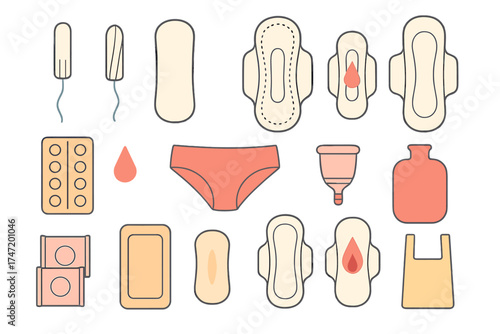 Women period vector icon set. Feminine hygiene flat design. Tampon, pad, menstrual cup, pills, panty, hot water bottle. Gynecology products for menstruation, pms, woman health.