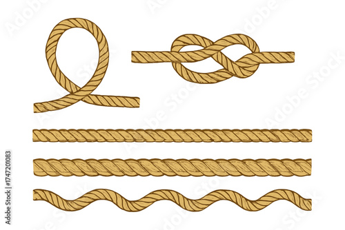 Rope brushes and seamless patterns set. Vector illustration collection of nautical knots, loops, and wavy borders. Marine, sailing, and rustic cord design elements for frames.
