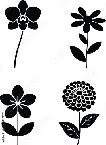 Four black and white silhouette flowers isolated collection simple botanical art