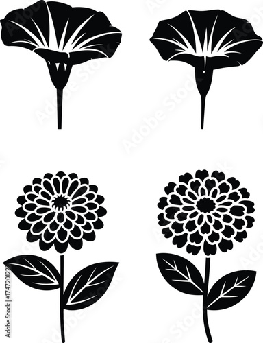 Four black and white flower silhouettes stylized botanical graphics simple floral designs