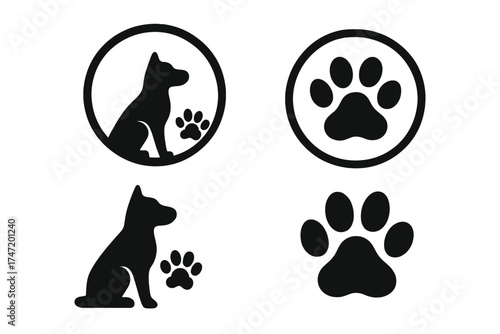 Set of pet friendly icons. Pets allowed sign. Dog and paw print symbol. Vector illustration for hotel, cafe, park. Animal welcome area. Black silhouette pictogram collection.