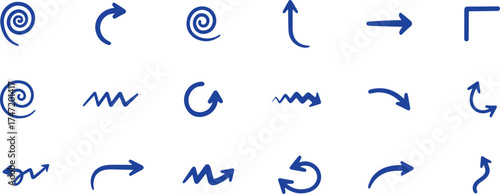 Collection of hand drawn blue arrows and symbols isolated on a transparent background, representing direction, movement, and abstract concepts in a simple, graphic style