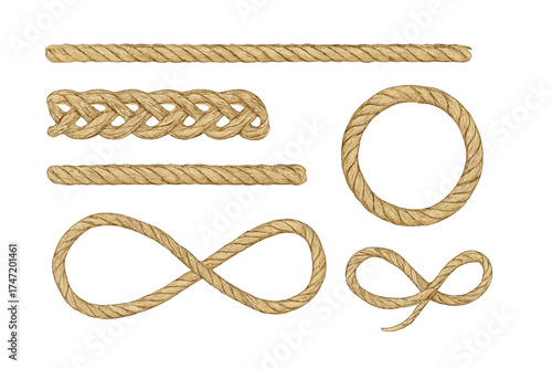 Rope brushes set vector. Realistic jute rope seamless pattern, borders, and frames. Nautical or marine themed cord, knot, circle, and infinity loop illustration.