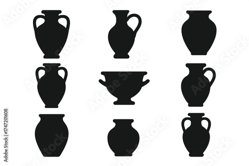 Ancient pottery and vase icon set. Greek or Roman amphora, urn, and pot silhouettes. Archeology and history symbol collection. Classic ceramic container vector illustration.