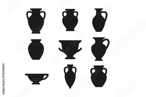 Set of ancient pottery silhouettes. Vector collection of Greek and Roman vase, amphora, and urn icons. Black isolated antique container shapes for archaeology or history design.