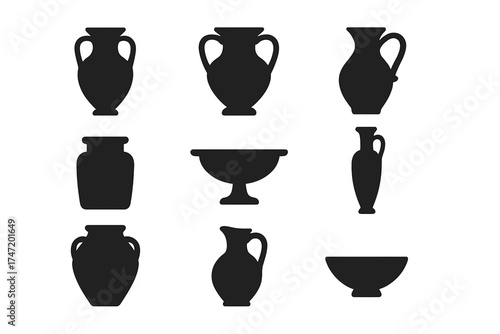 Vase and pottery icon set. Ancient Greek and Roman amphora, pot, and jug silhouette collection. Vector illustration of classic ceramic containers and antique earthenware objects.
