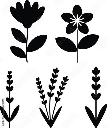 Simple silhouette flower and lavender sprigs collection for organic designs