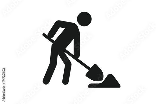 Worker digging with a shovel icon. Man at work, construction symbol. Manual labor pictogram for under construction signs. Ground excavation silhouette vector illustration.