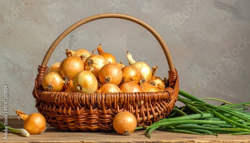 Fresh Yellow Onions in a Rustic Woven Basket with Green Scallions on a Wooden Table