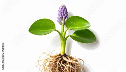 Vibrant Green Plant with Purple Flower Bud and Exposed Roots on White Background