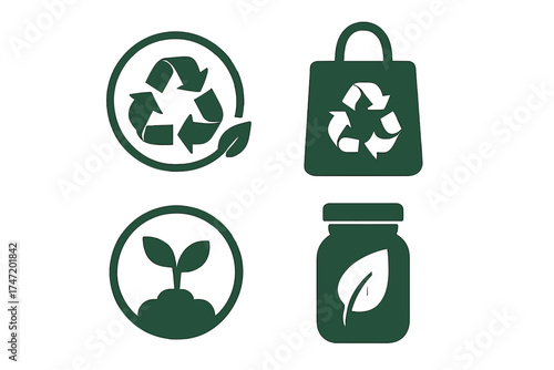 Zero waste icon set. Recycle sign, eco friendly, sustainable, reusable product labels. Go green concept vector. Organic, natural living symbols for earth-friendly packaging.