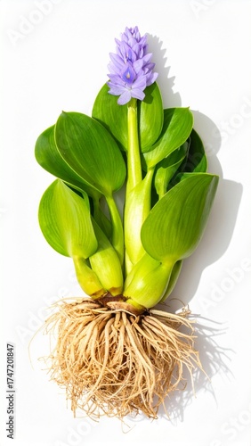 Vibrant Water Hyacinth with Purple Flower and Exposed Root System on a Clean White Background