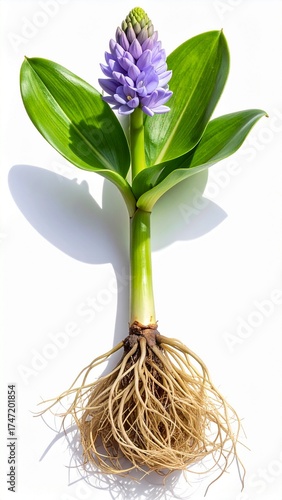 Vibrant Purple Bloom: A Full View of a Green-Leafed Plant with Exposed Roots Against a White Background