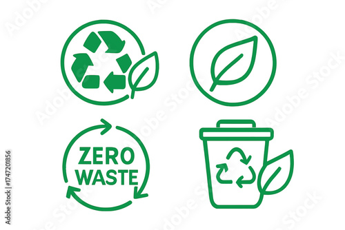 Zero waste and recycling vector icon set. Eco-friendly, sustainable lifestyle concept. Green ecology symbols with leaf, recycle sign and trash can for environmental design.