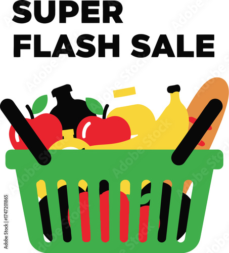 Bright illustration of a shopping basket overflowing with colorful groceries and bold text announcing a super flash sale.