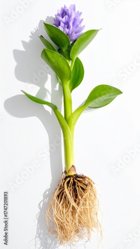 Vibrant Water Hyacinth Plant Revealing Its Roots and Purple Flower, Isolated on Pristine White