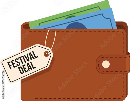 Brown leather wallet with colorful banknotes and a "Festival Deal" tag, symbolizing savings and good offers.