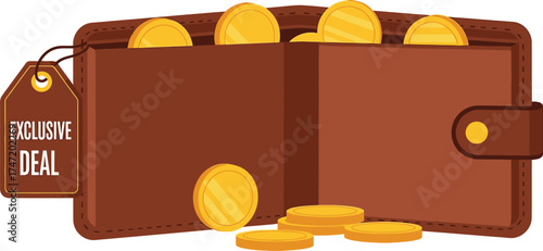 Brown leather wallet overflowing with gold coins, featuring an 'Exclusive Deal' tag.