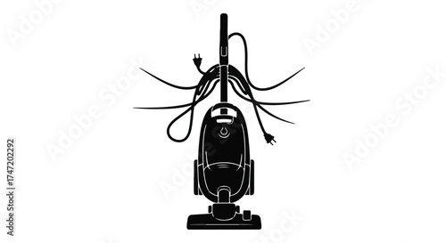 Entangled vacuum cleaner cord symbolizes chaos and frustration in household chores.