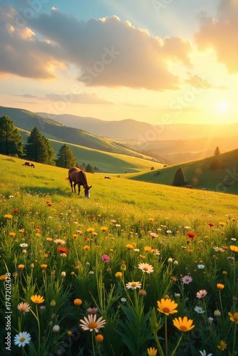 Golden Sunlight Bathes Serene Ranch Meadows Wildflowers, Rolling Hills, and a Peaceful Countryside Horizon