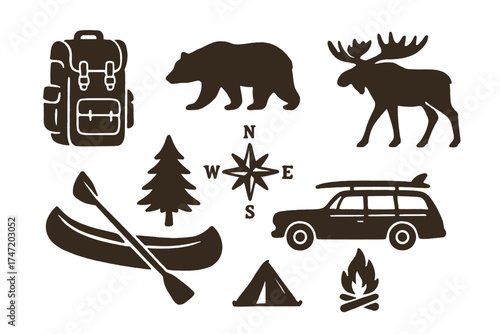 Vintage hand‑drawn adventure icons—hiking, camping, backpack shapes, wild animals, canoe, surf car, and backpack—styled in retro monochrome for t‑shirt prints,  silhouette icons isolated