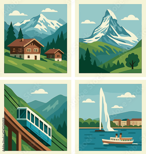 Swiss scenery featuring Bernese Alpine chalets, the Matterhorn at Zermatt, a mountain funicular, and Geneva's waterfront with a fountain and a boat—vector suitable for posters and covers