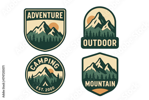 Vintage mountain landscape badge logos, featuring outdoor adventure patches, vector emblems ideal for shirts, stamps, stickers, logos, and labels